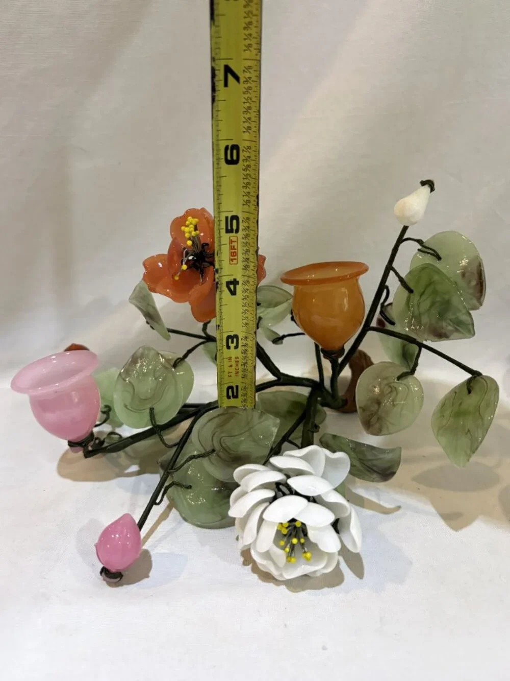 Vintage Hand Carved Jade & Stone Floral Candle Holder Centerpiece AS IS